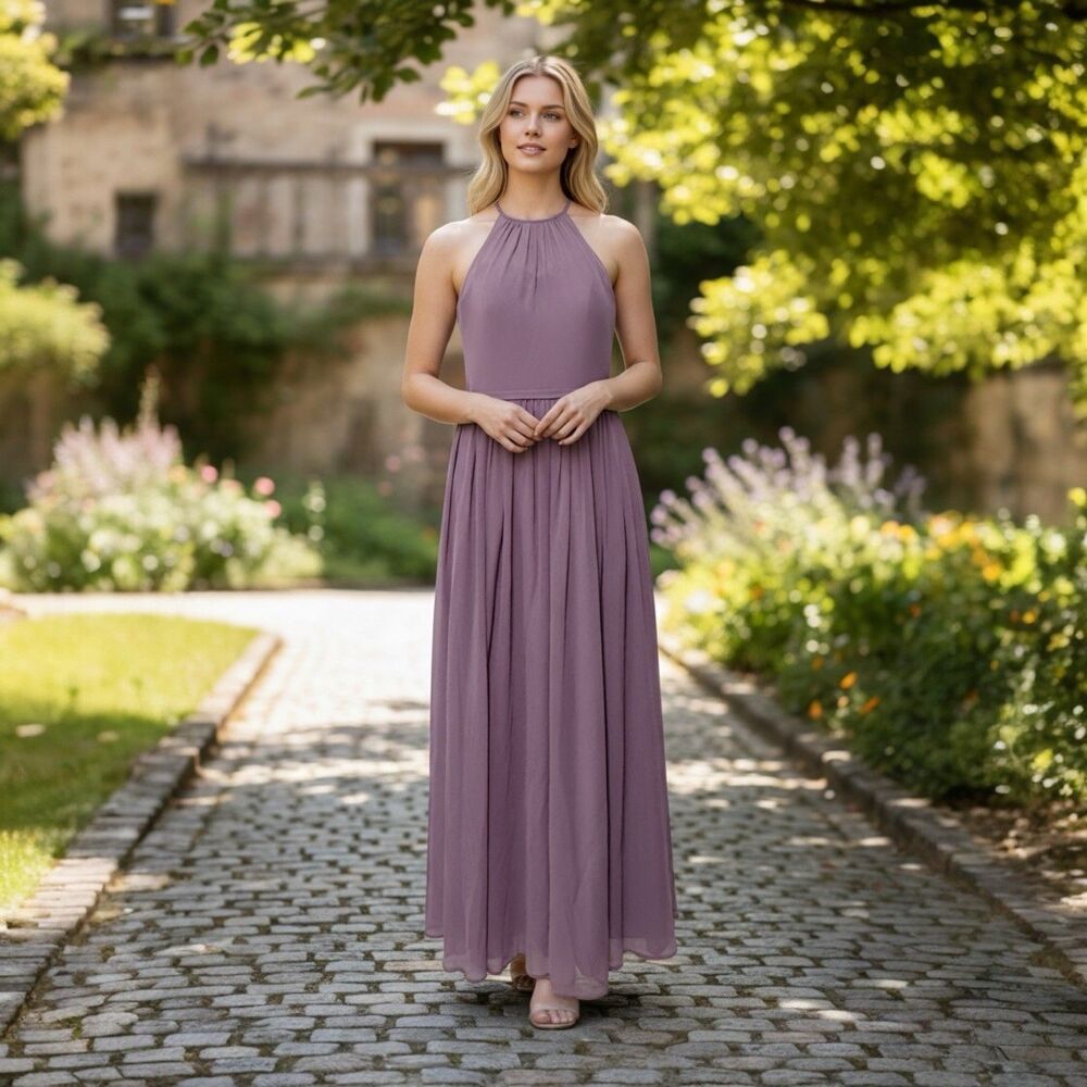 Azazie A2 Lilac Chiffon Halter Maxi Dress Formal Evening Bridesmaid Gown Lined
